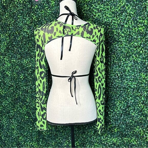 3 pc.  EDM Dance Faux Leather Neon Black Fringe Skirt bikini Top Sleeve Sz S Set - Picture 2 of 9